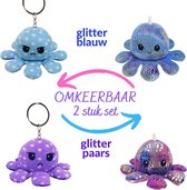 Octopus - Sleutopus - mood knuffel sleutelhanger - blauw-paars glitter - SET van 2 sleutopussen