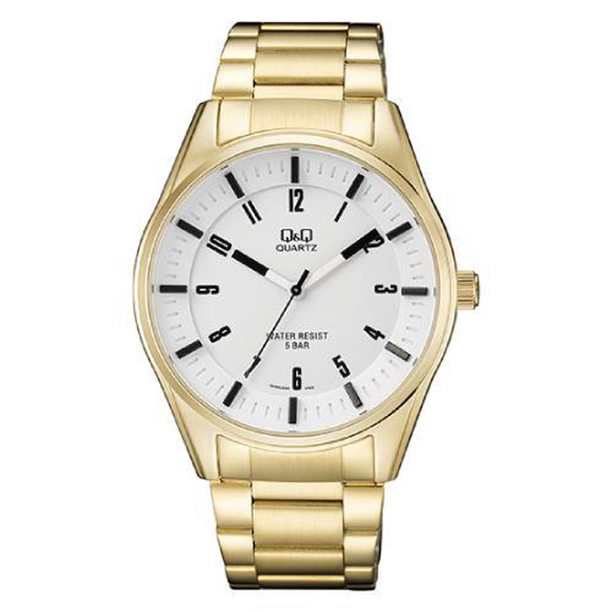 Prachtig mat goud herenhorloge met stoere uitstraling van QQ model qa54j004y 5 atm waterdicht