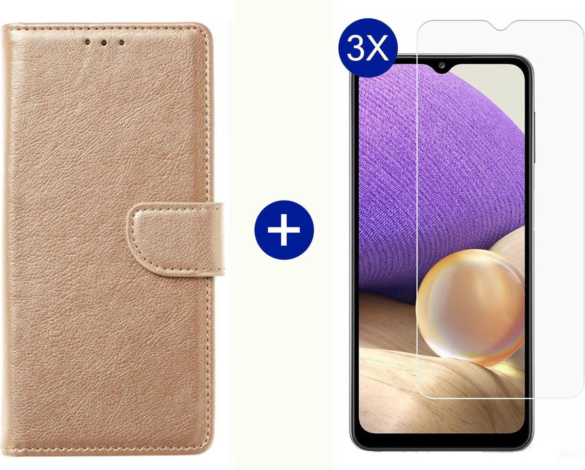 BixB Samsung A32 5G hoesje - Met 3x screenprotector / tempered glass - Book Case Wallet - Goud