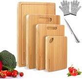 Snijplanken Set | 4 Stuks | Bamboe | Sapgleuf | Verschillende Maten | Mes | Handschoen