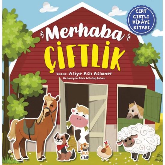 Boek met de titel 'Merhaba Ciftlik' in gele letters, met boerderijdieren zoals een paard, hond, koe, kip en schaap.