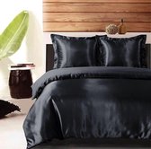 Princessdekbedovertrek -Glans Satijn Uni -Tweepersoons -200x200/220 cm +2 kussenslopen 60x70 cm-Zwart