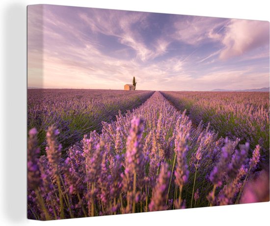 Canvas Schilderij Lavendel veld met zonsondergang in Provence - 90x60 cm - Wanddecoratie