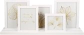 Fotolijst op plank wit - 5 foto frames op witte foto plank | Set of 5 photoframes with shelf glas/mdf 48 x 10 x 20,5 cm