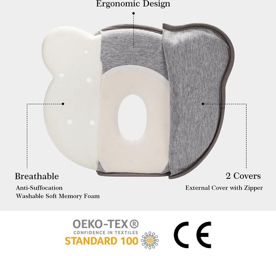 Oreiller ergonomique pour Bébé Grijs de Bébé Bootie - Mousse à mémoire de forme - Contre l'arrière de la tête plat - Oreiller Bébé tête plate avec housse supplémentaire