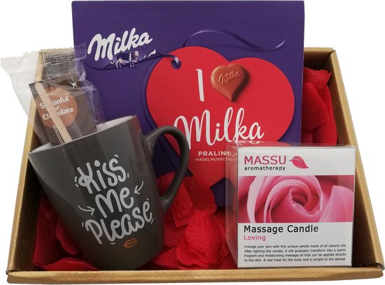 Verwenpakket – Massage Kaars LOVING 200ml - Massu – Geschenkset - Milka - Spoonful of chocolate - Valentijn Cadeau