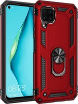 Huawei P40 Lite Stevige Magnetische Anti shock ring back cover case- schokbestendig-TPU met stand – Rood + Gratis screenprotector