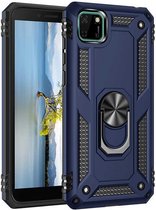 Huawei Y5P 2020 Stevige Magnetische Anti shock ring back cover case- schokbestendig-TPU met stand – Blauw + Gratis screenprotector