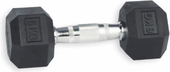 Zwarte 6 KG Gorillagrip hex dumbbell met zilverkleurige, geribbelde handgreep.