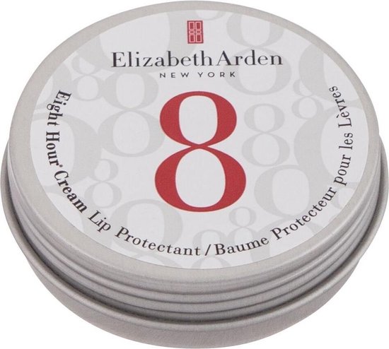 Zilverkleinig blikje Elizabeth Arden met 'Eight Hour Cream Lip Protectant / Baume Protecteur pour les Lèvres' en een grote rode 8.