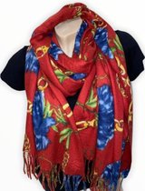 Lange Warme Dames Sjaal - Bloemen - Kettingprint - Rood - 180 X 70 cm