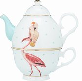 Yvonne Ellen Tea for one met Kaketoe en Flamingo - Porseleinen Theepotje 0,9 liter en kopje - theeset