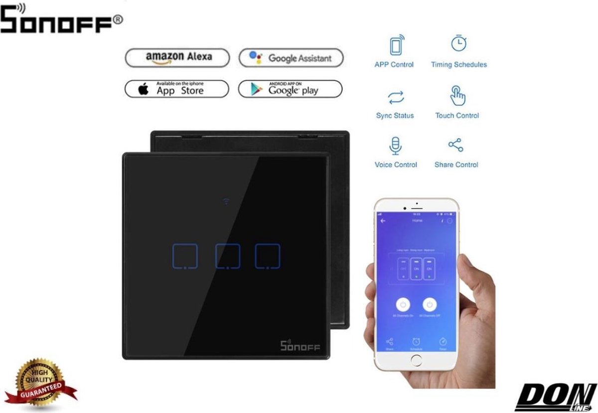 Sonoff - WiFi + RF - Drievoudige schakelaar - Zwart - Touchschakelaar - Glazen paneel - Geschikt voor Google home & Amazon Alexa - Smarthome