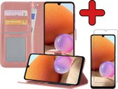 Hoesje Geschikt voor Samsung A32 4G Hoesje Book Case Hoes Portemonnee Cover Walletcase Met Screenprotector - Hoes Geschikt voor Samsung Galaxy A32 4G Hoes Bookcase Hoesje - Rosé goud