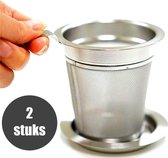 2 Stuks - Luxe - Theezeef - RVS - Theezeef met uitlekschaaltje - Ø 7 cm - Thee ei - Theefilter - Theezeef - Enkel Handgreep - Hightea - Teamaker - Thee infuser - Verjaardag - Thee