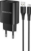 HOCO BN2 Super Fast - Universele 2-Poort USB Oplader + Micro-USB Kabel - 5V/2.1A 10W - Voor iPhone en Android Smartphones - Zwart