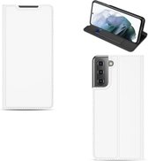 Geschikt voor Samsung Galaxy S21 FE Stand Case Hoesje Wit met Pashouder