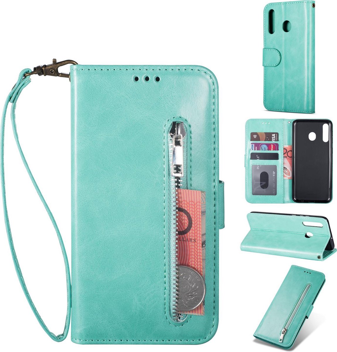 Luxe Telefoonhoesje voor Samsung Galaxy A40 | Hoogwaardig Leren Bookcase | Lederen Wallet Case | Pasjeshouder | Portemonnee | Rits | Groen