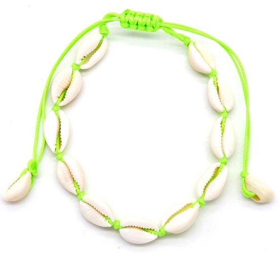 Enkelbandje-Verstelbaar-Pull Tie- Neon groen met schelpen