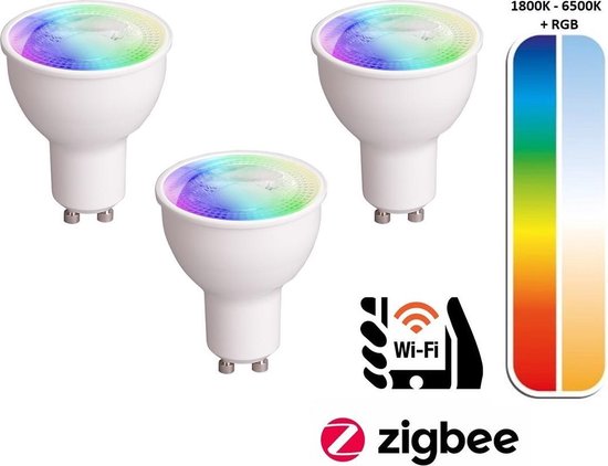 3 Pack - Smart GU10 LED Spot 4,8w, RGB+CCT, 350 Lumen, Werkt via Zigbee 3.0  / App / Wifi | bol.com