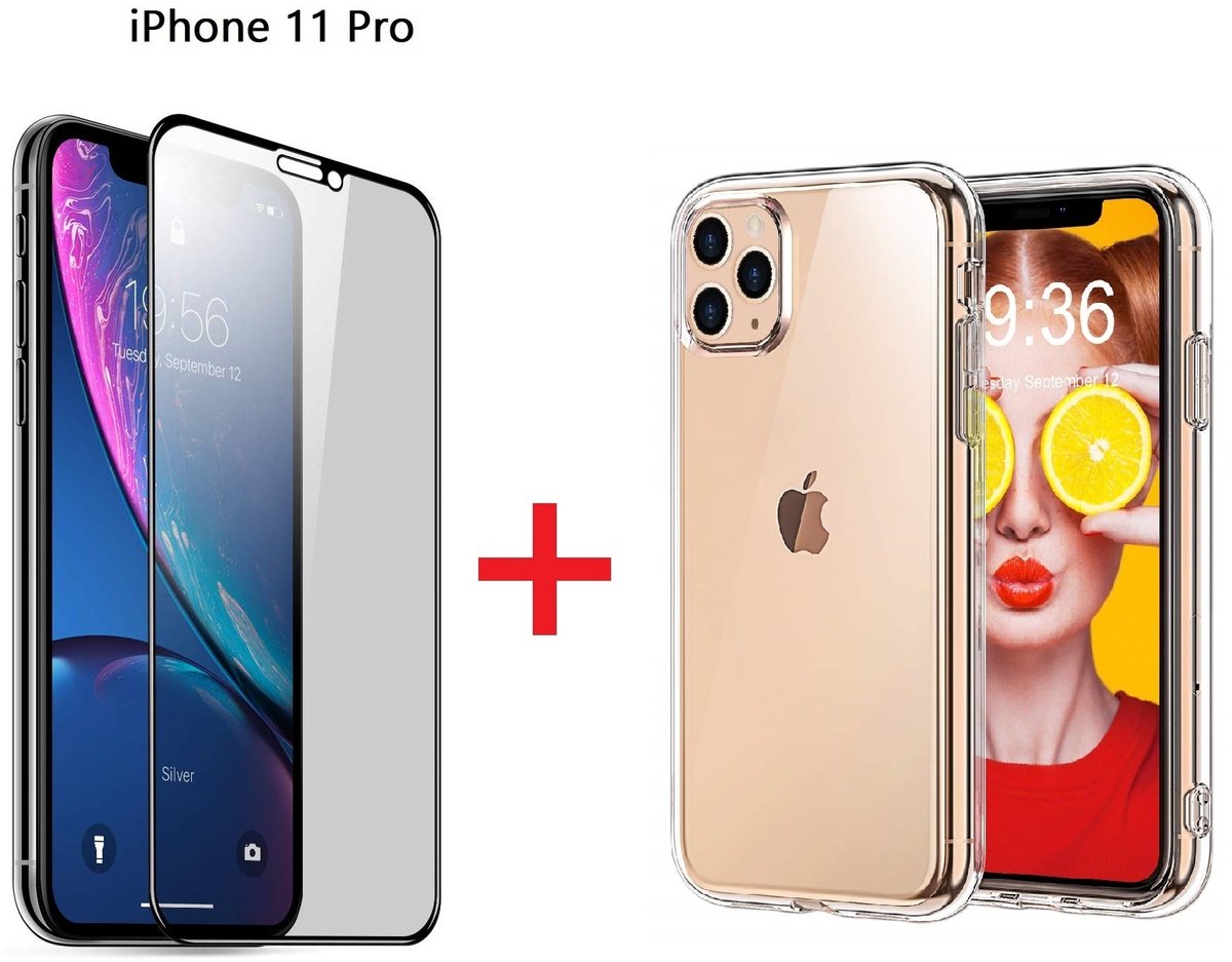 Hoesje Geschikt voor iPhone 11 Pro Screen Protecter Zwart + TPU Hoesje