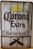 Corona bier find your beach Reclamebord van metaal 30 x 20 cm GEBOLD BORD MET RELIEF METALEN-WANDBORD - MUURPLAAT - VINTAGE - RETRO - HORECA- WANDDECORATIE -TEKSTBORD - DECORATIEBO
