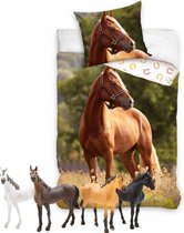 Paarden dekbedovertrek , bruin Paard bloemenweide-140x200 cm , 100% katoen- 1 persoons- dekbed- slaapkamer, incl. Paarden speelset 4 delig.