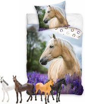 Paarden dekbedovertrek , beige Paard- witte Manen-140x200cm , 100% katoen- 1 persoons- dekbed- slaapkamer, incl. Paarden speelset 4 delig