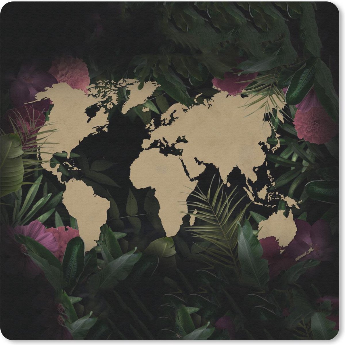 Muismat 30x30 cm - Mousepad Wereldkaart - Bruin - Bloemen - Muismatten