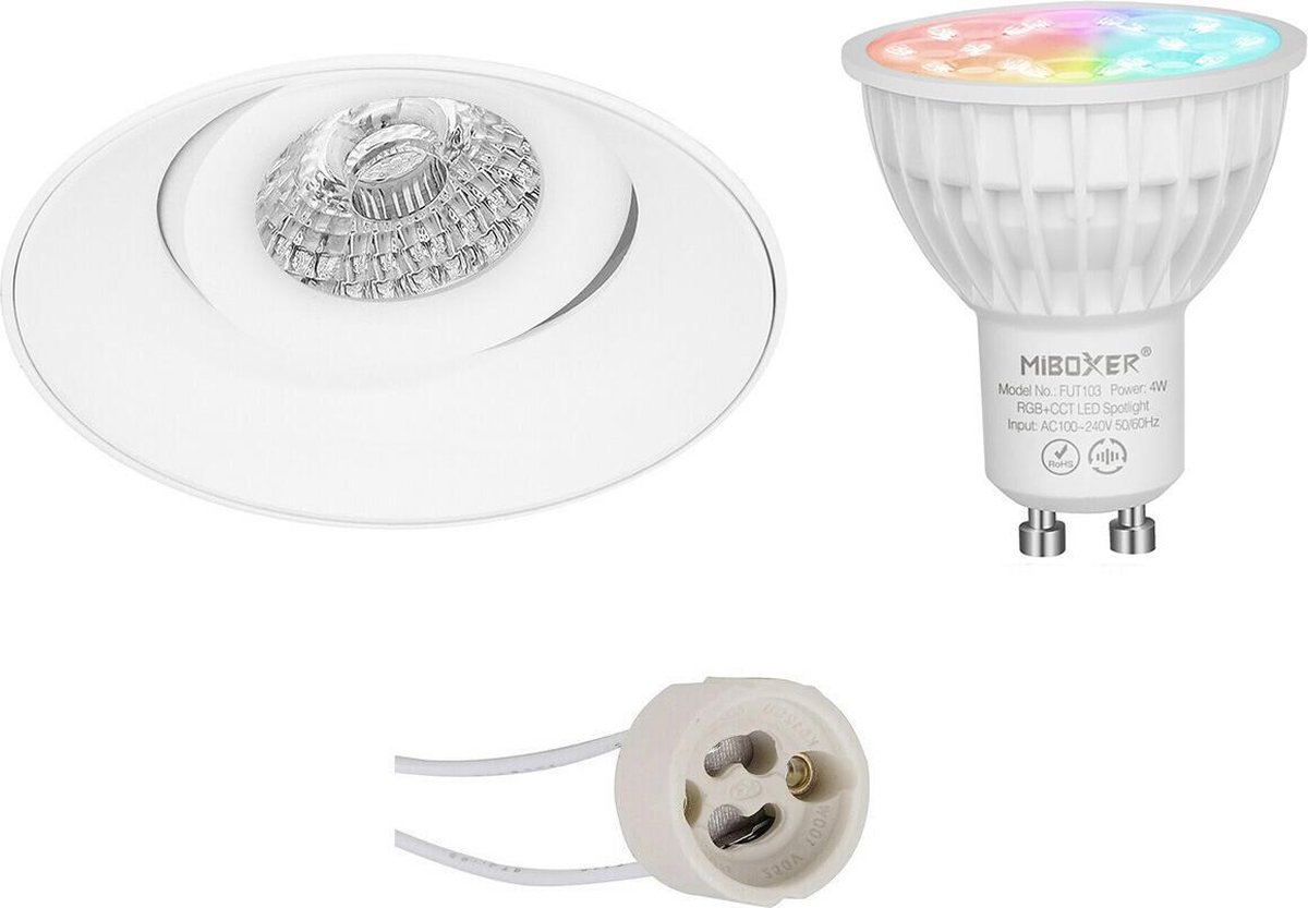 Mi-Light MiBoxer - LED Spot Set GU10 - Smart LED - Wifi LED - Slimme LED - 4W - RGB+CCT - Aanpasbare Kleur - Dimbaar - Proma Nivas Pro - Inbouw Rond - Mat Wit - Trimless - Kantelbaar - Ø150mm