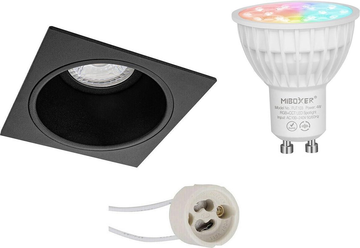 Mi-Light MiBoxer - LED Spot Set GU10 - Smart LED - Wifi LED - Slimme LED - 4W - RGB+CCT - Aanpasbare Kleur - Dimbaar - Proma Minko Pro - Inbouw Vierkant - Mat Zwart - Verdiept - 90mm