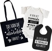 Geschenkset 1 - tante - set - maat 80 - stuks 1 - wit/zwart - tas - slabber - romper - baby - romper tante - zwangerschap aankondiging