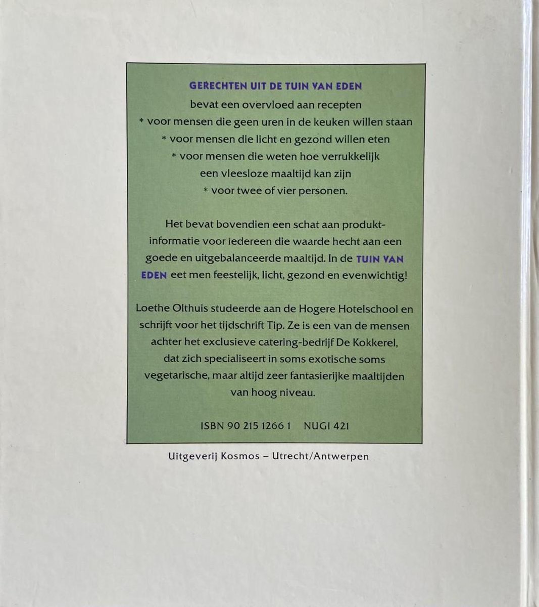 Boekomslag "Gerechten uit de Tuin van Eden" met tekst over vegetarische en visgerechten.