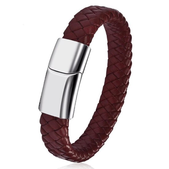 Victorious Handgevlochten Leren Armband Heren – Rood Bruin Leer –  Rood/Bruin/Zilver – 22cm | bol