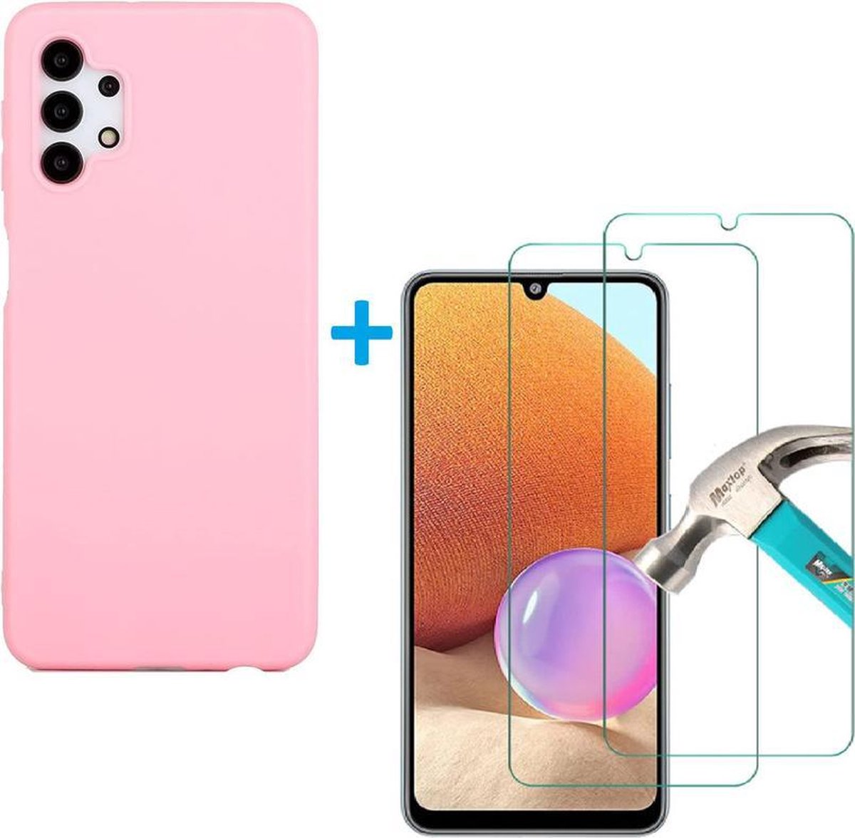 Solid hoesje Geschikt voor: Samsung Galaxy A32 5G Soft Touch Liquid Silicone Flexible TPU Rubber - licht roze + 1X Screenprotector Tempered Glass