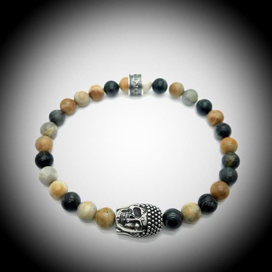 Natuursteen Armband met 925 Sterling Zilver Skull / Buddha / Boedha Bedel van 13 gram Zilver , Handgemaakte Edelsteen Armband met 8mm (Picasso Jaspis) kralen .