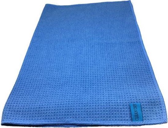 Blauwe microvezel droogdoek met wafelstructuur, opgevouwen. Rechtsonder een blauw label met 'CLEAN DRY'.