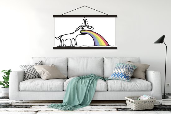 Posterhanger incl. Poster - Schoolplaat - Een illustratie van een eenhoorn die een regenboog uitspuwt - Meisjes - Kinderen - Kindje - 150x100 cm - Zwarte latten