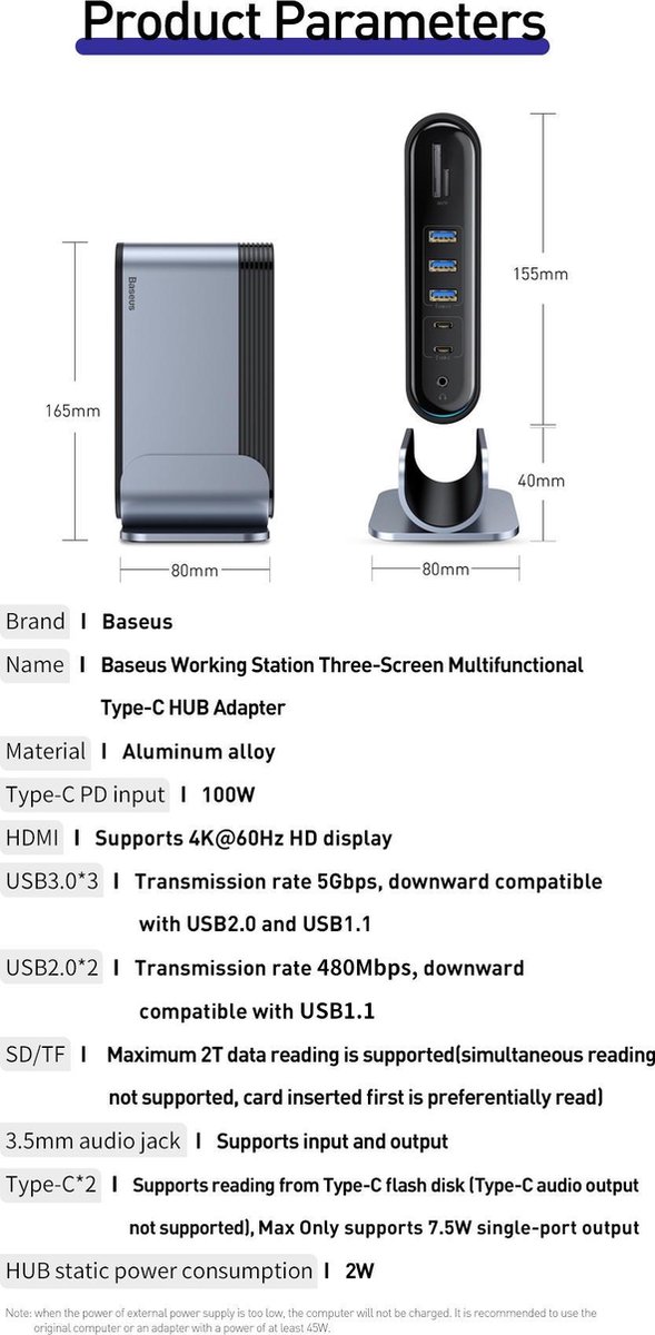 Adaptateur de station d'accueil pour Hub triple affichage USB-C Baseus 17  en 1 