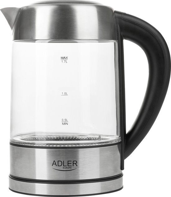 Glazen waterkoker met RVS details en zwart handvat, met maataanduidingen.