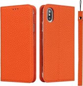 Litchi-textuur Horizontale flip-toplaag koeienhuid lederen tas met houder en kaartsleuven & portemonnee & riem & draadwinder voor iPhone XS Max (oranje)