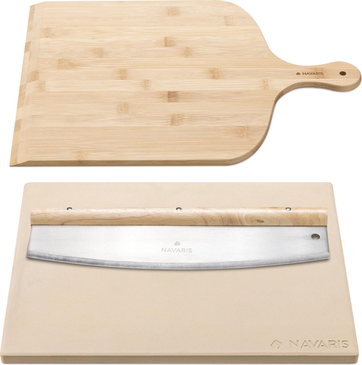 Navaris pizzasteen XL voor oven, grill en barbecue - 38 x 30 cm - Set inclusief bamboe pizzaschep en mezzaluna kruidensnijder - Met receptenboek