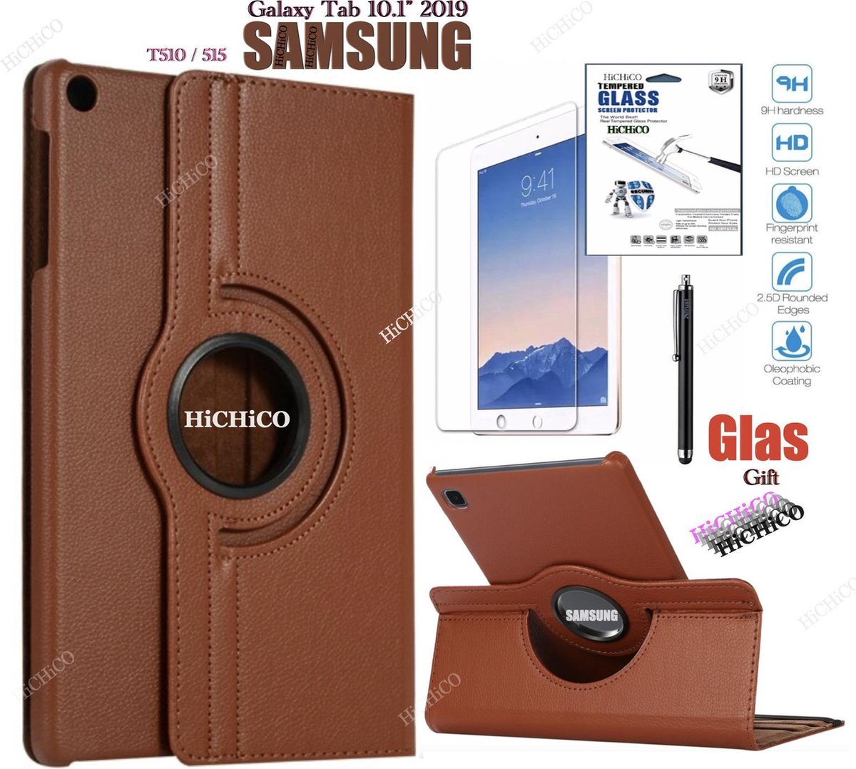 HiCHiCO Tablet Hoes voor Samsung Galaxy Tab A 10.1” 2019, Galaxy Tab T510 / T515 Hoesje, 360 Graden Draaibaar Tablet Case Bruin met Stylus Pen + Screen Protector