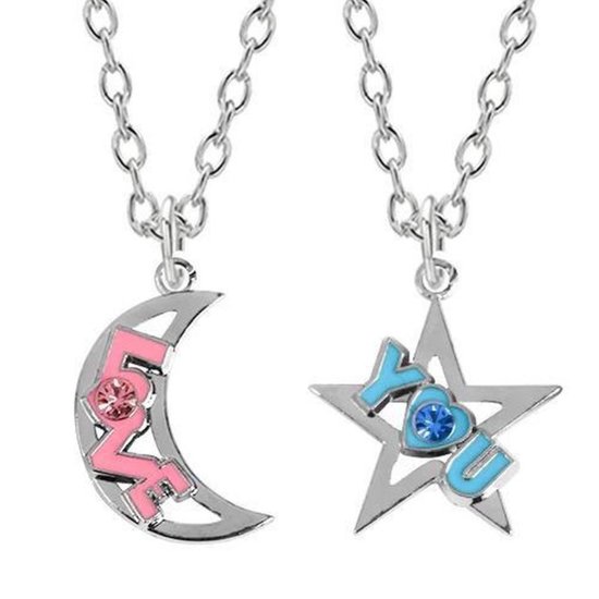 Fako Bijoux® - Collier Amitié - Collier BFF - Etoile & Lune - Love You - Rose/ Blauw