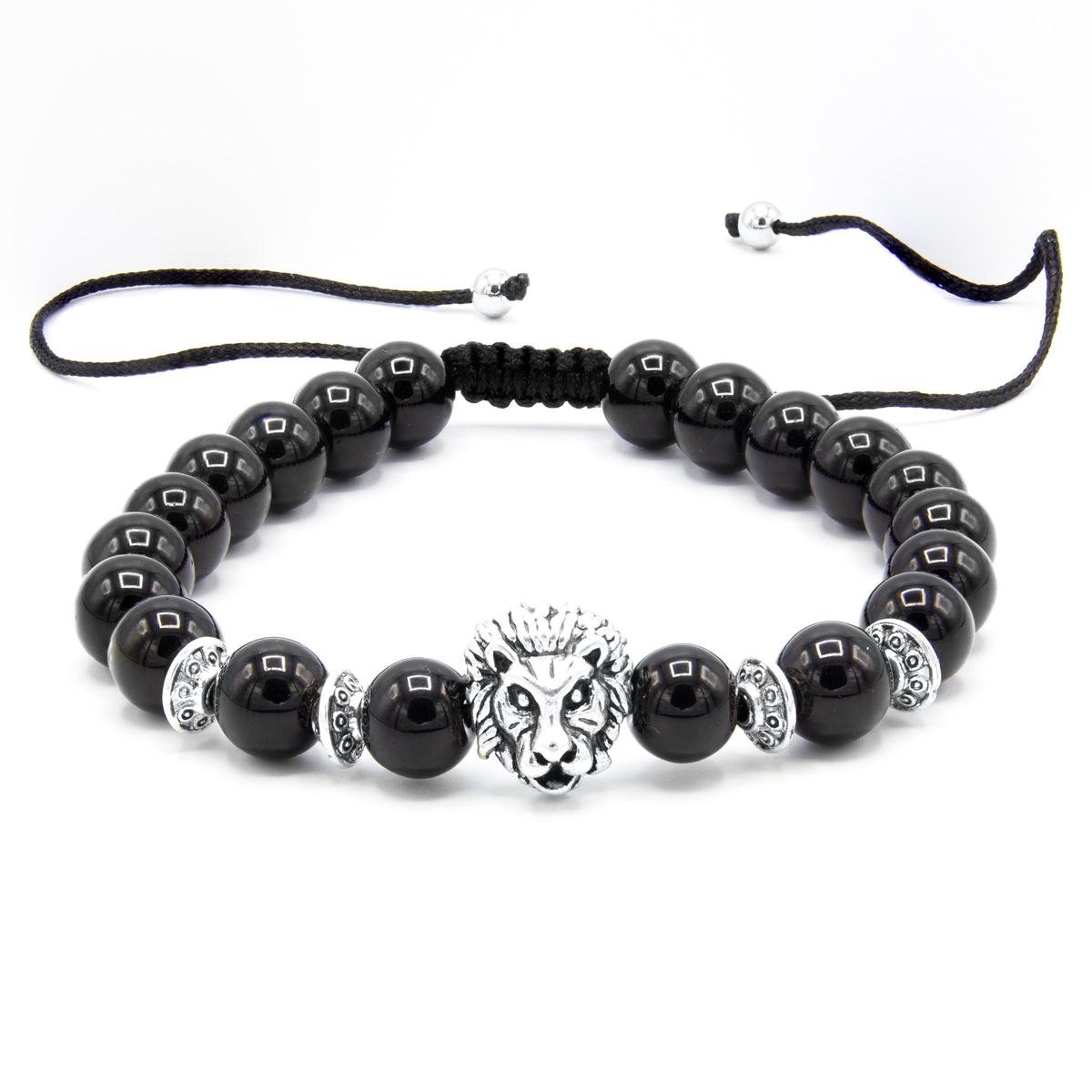 Victorious Natuurstenen Kralen Armband Heren – Zilveren Leeuw – Zwart – 19cm