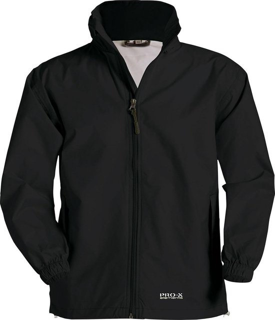 Zwarte PRO-X elements regenjas met ritssluiting, hoge kraag en elastische manchetten.