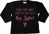 Grote zus shirt-does this shirt me look a like a big sister-zwart met lichtroze-Maat 104