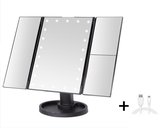 BAIK Make Up Spiegel met LED verlichting Zwart – Staande spiegel - 2 vergrootspiegels – Cosmetica / Visagie spiegel - Scheerspiegel - 22 dimbare leds - 180° draaibaar – op batterij