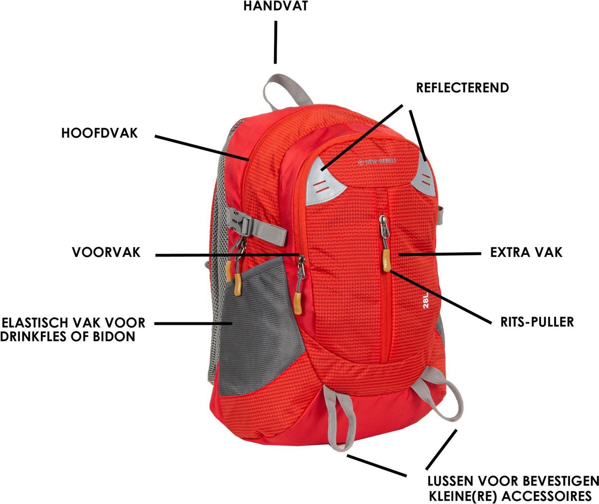 New Rebels ® Kinley - Rugtas - Schooltas - Vrijetijdstas - 28 Liter - Nylon - Rood