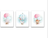 Schilderij  Set 3 Olifant Giraf Zebra Vosje in Luchtballon Cute - Kinderkamer - Dieren Schilderij - Babykamer / Kinder Schilderij - Babyshower Cadeau - Muurdecoratie - 40x30cm - Fr